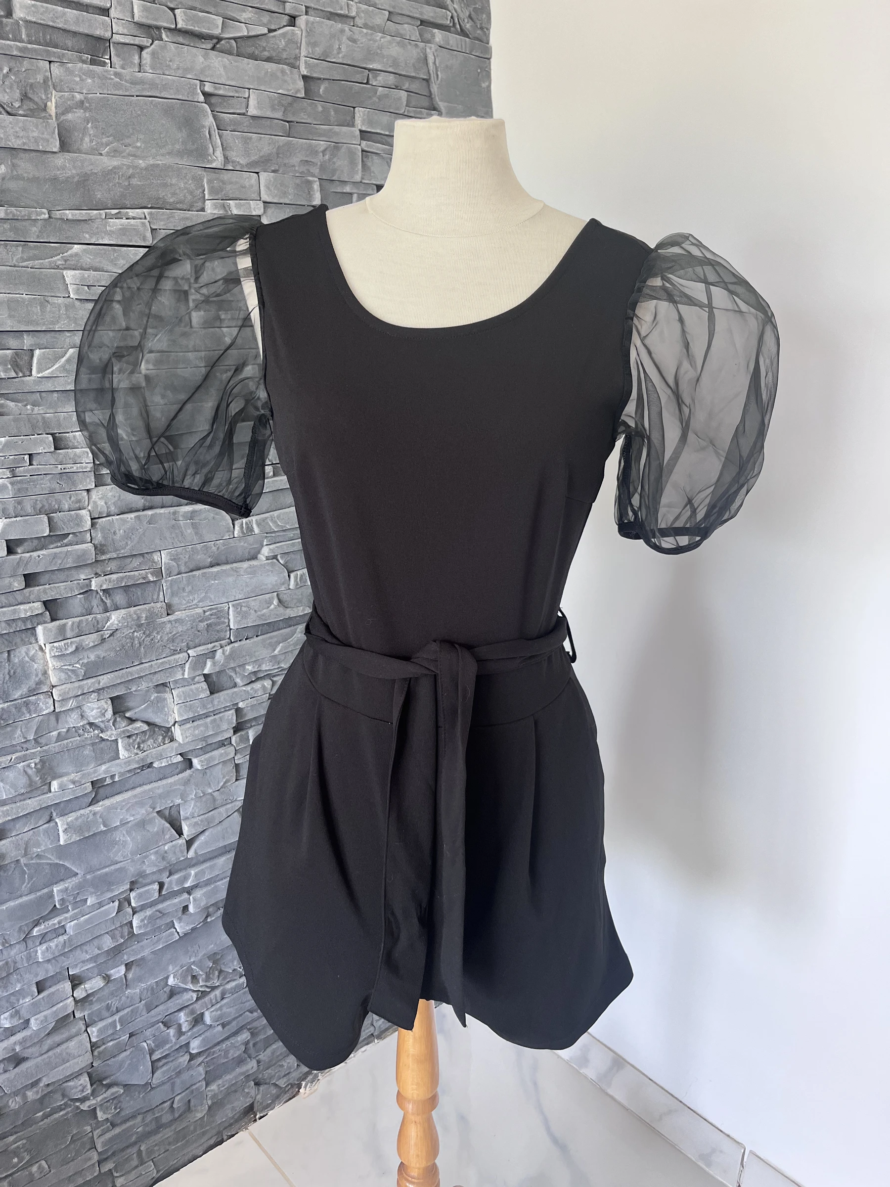 Combishort cache cache noir manches voile - Taille 36 - élégante & tendance